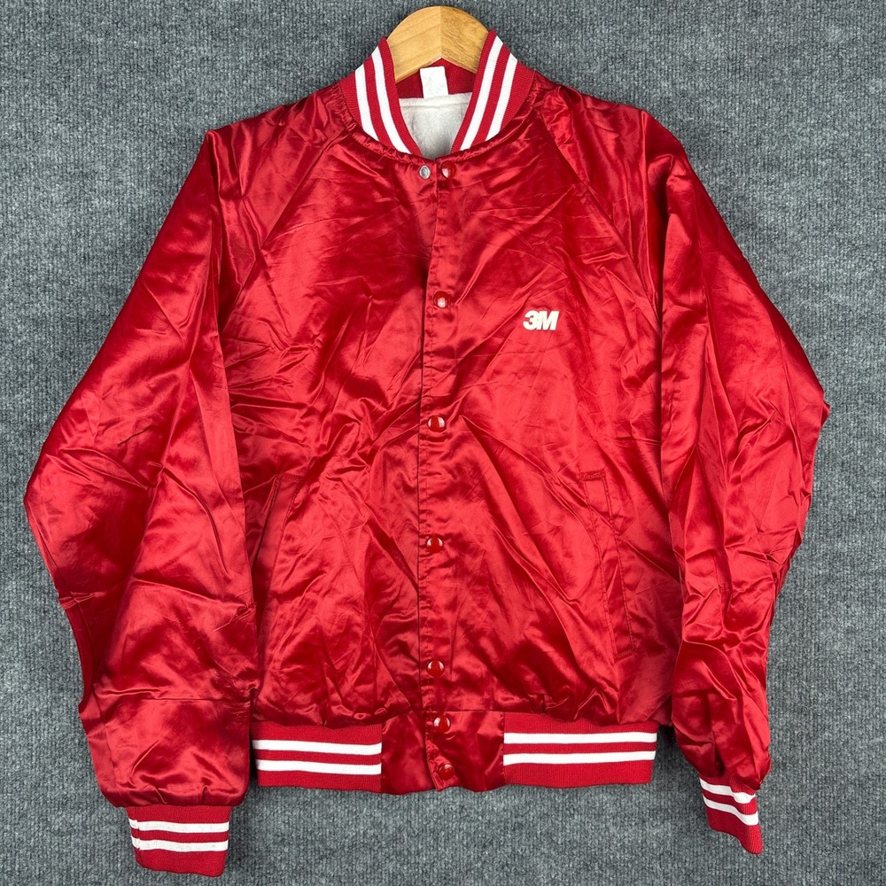 Vintage 3M Varsity Jacket Red Nylon Medium 80s 90s Striped Bomber Red